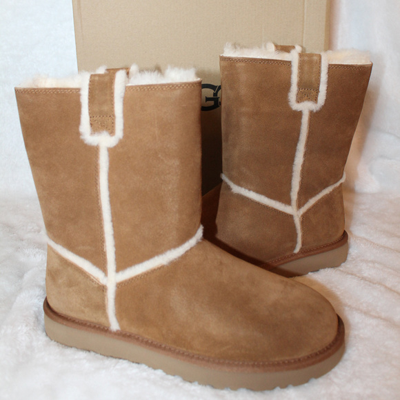 UGG SPILL SEAM SUEDE SHEARLING BOOTS CHESTNUT - Picture 2 of 8